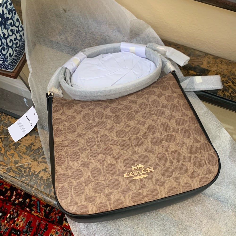 Coach Tan and Black Signature Hobo Bag